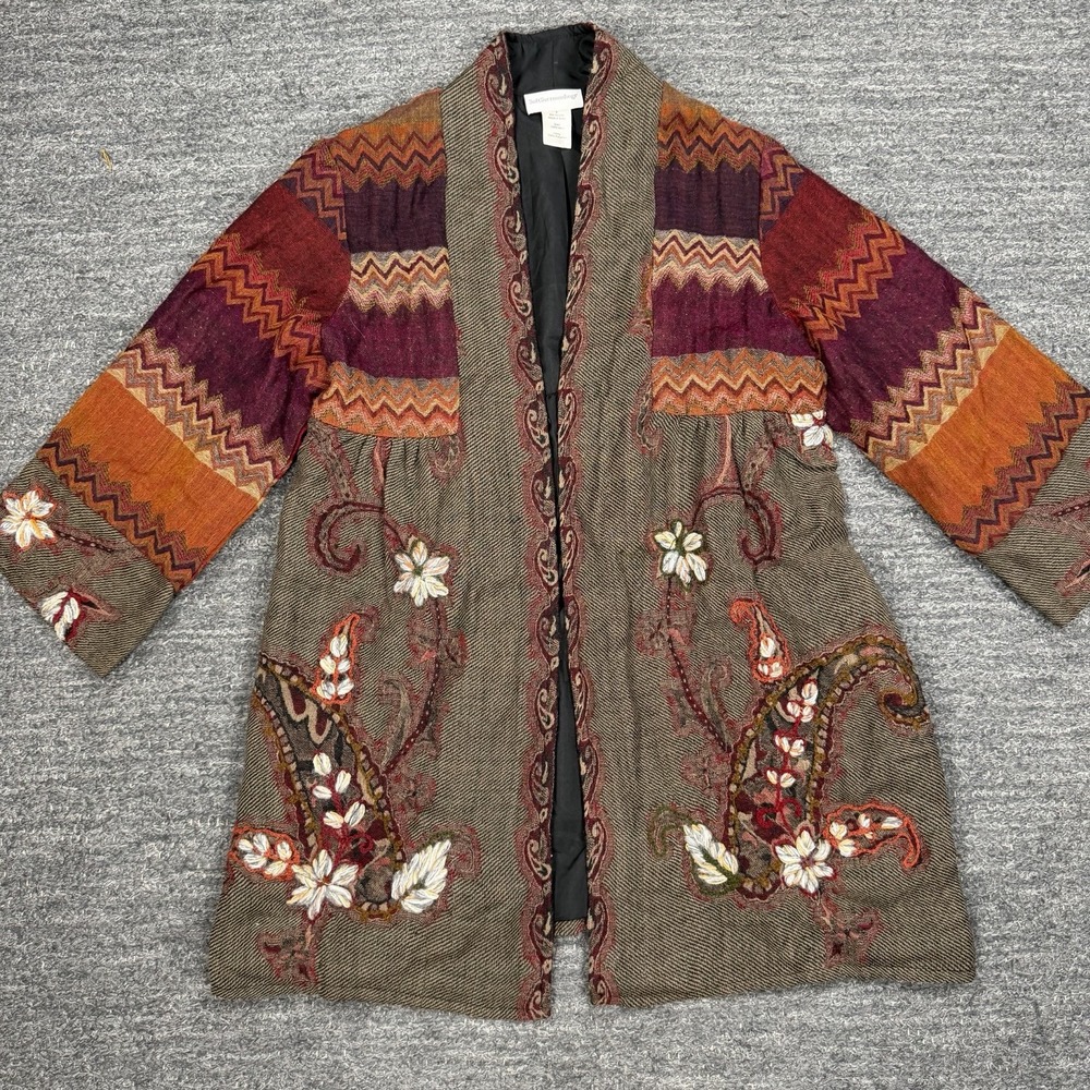 Soft Surroundings Izmir Wool Floral Boho Embroidered Cardigan Women Small Topper